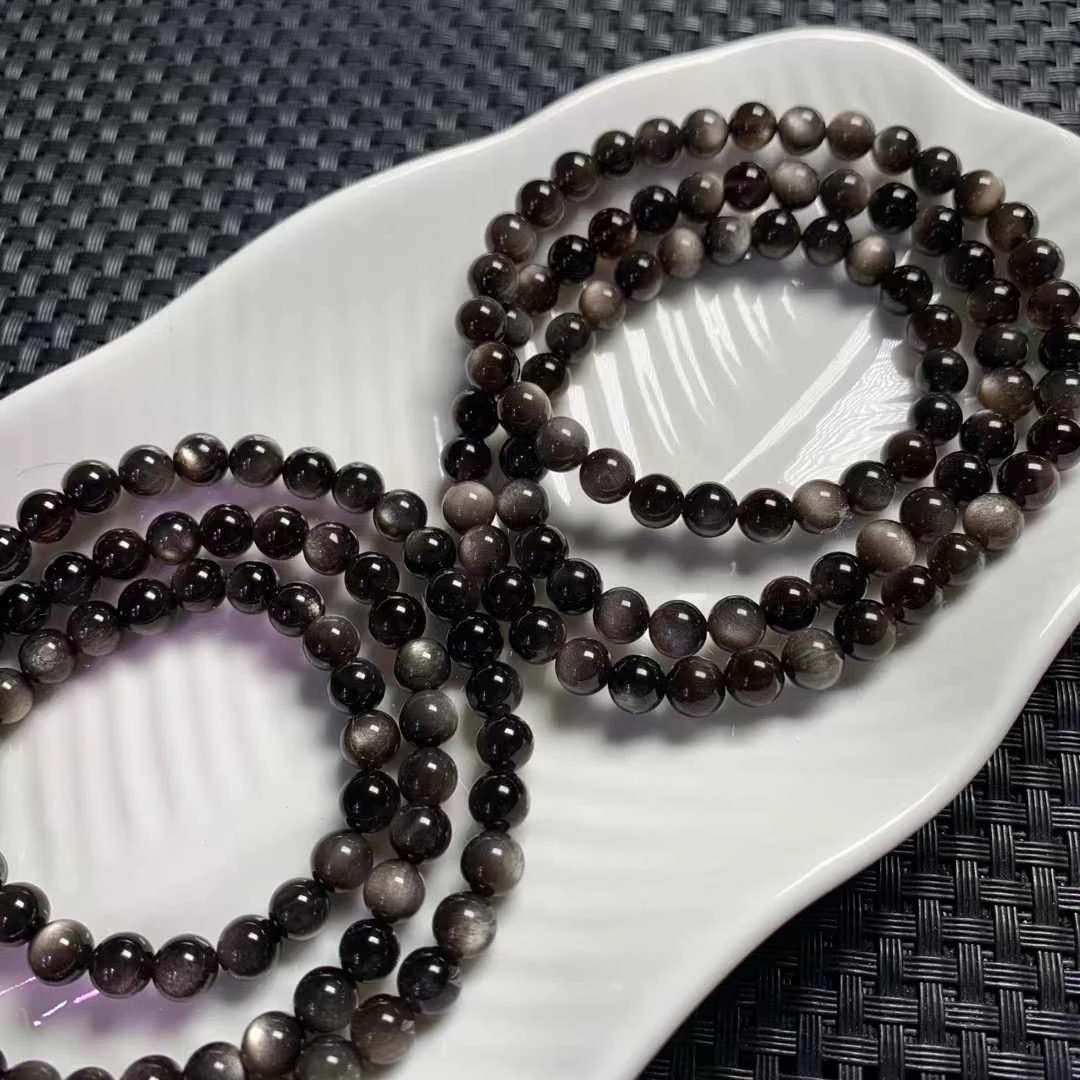 天然金曜石 黑曜石 银曜石多圈6mm+ 保真保天然