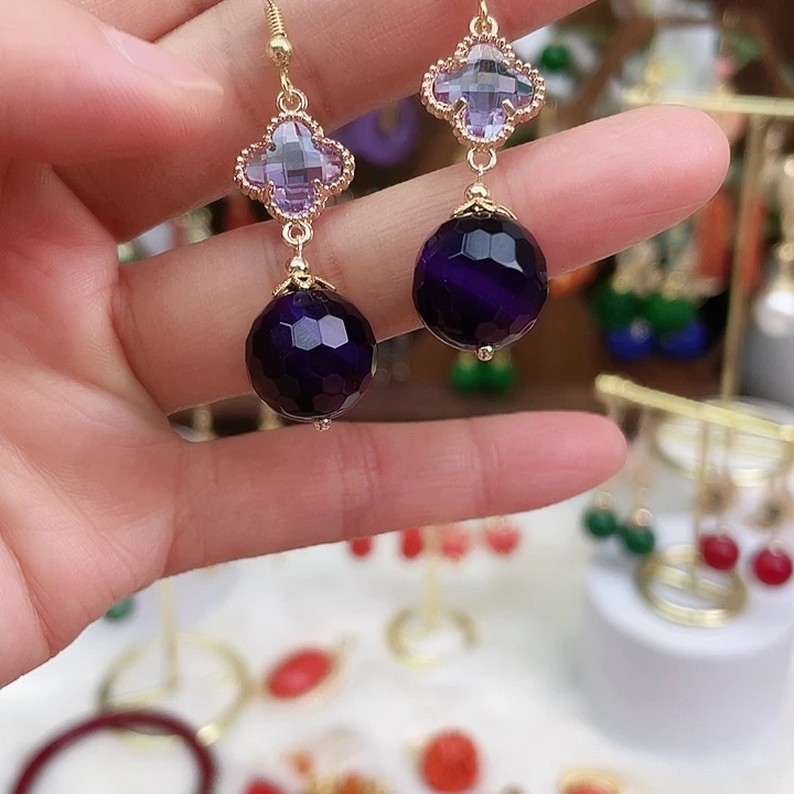 玛瑙/玉髓耳钉合金紫玛瑙刻面