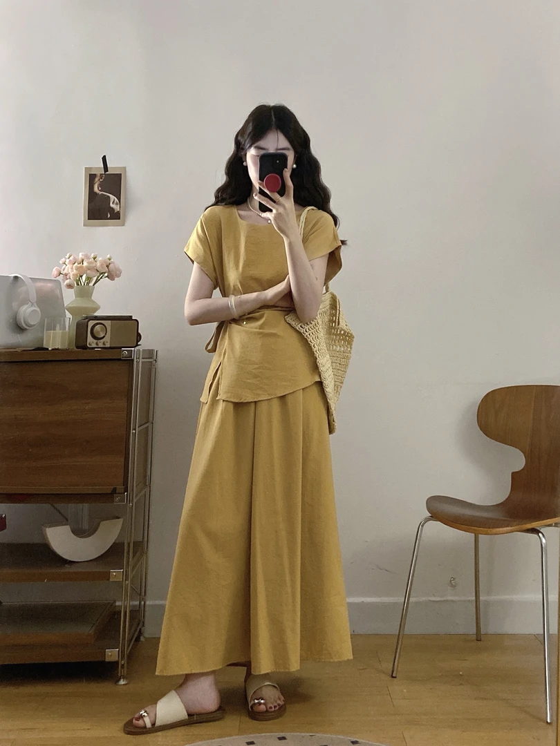 大码高级感褶皱短袖系带收腰衬衫女夏季胖MM遮肉显瘦半身裙两件套