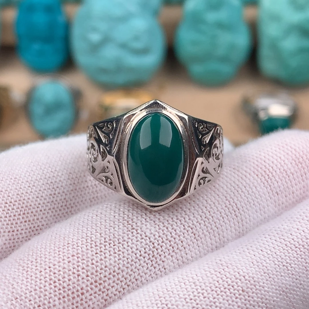 绿松石配饰银S925镶嵌男戒可调节