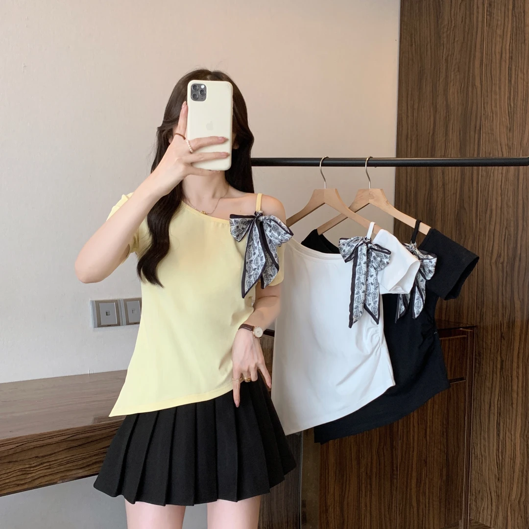 2025夏装新款胖mm大码女纯欲露肩蝴蝶结不规则短袖T恤