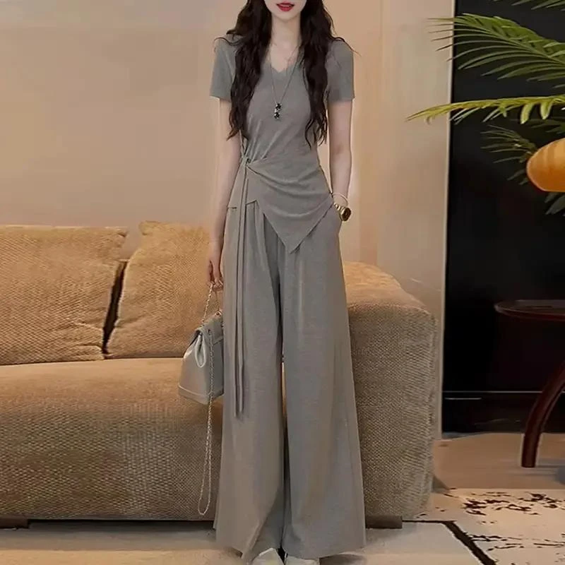 时尚设计感收腰显瘦套装夏季新款短袖上衣高腰阔腿裤休闲两件套潮