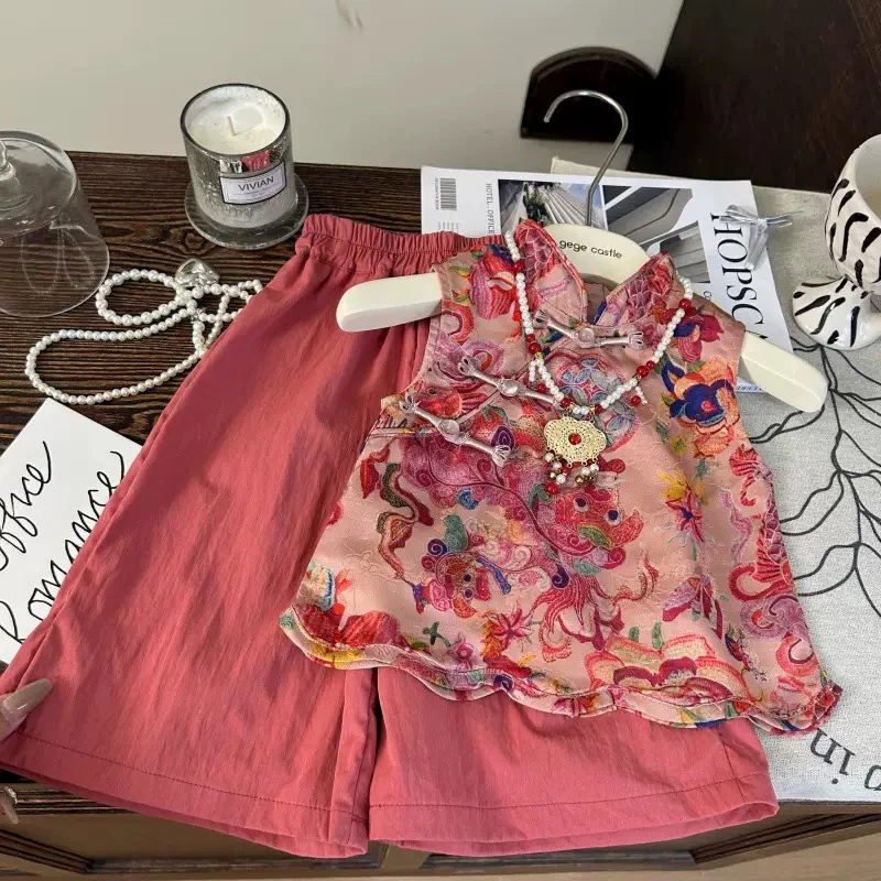 韩版童装2025新款夏季女童锦鲤新中式国风背心儿童阔腿裤两件套潮