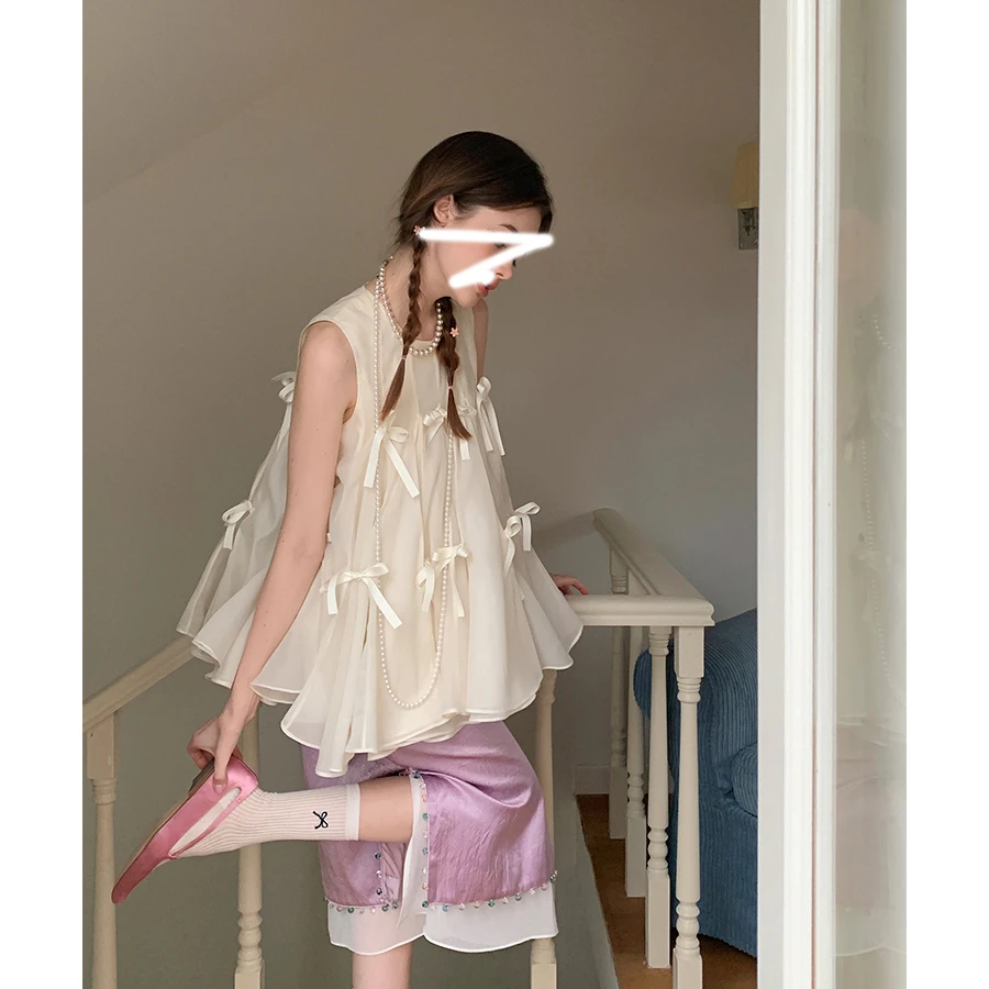 重工网纱拼接蝴蝶结背心上衣甜美可爱减龄蓬蓬无袖圆领夏上衣背心