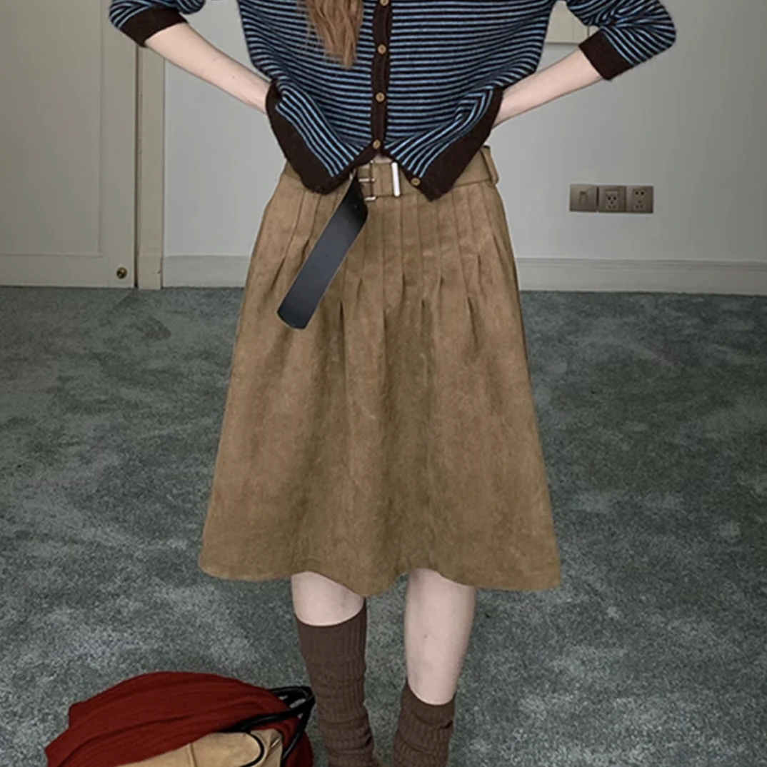 美拉德麂皮绒半身裙女2025秋冬新款气质辣妹高腰压褶显瘦中长裙