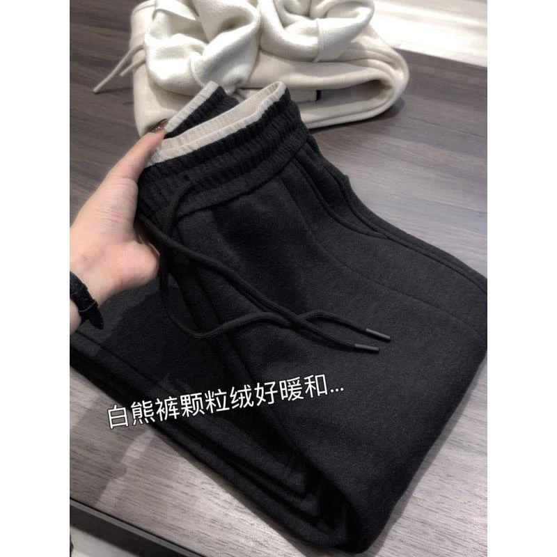 颗粒绒黑熊裤」防风保暖！冬季高腰显瘦窄版直筒裤女休闲垂感阔腿裤