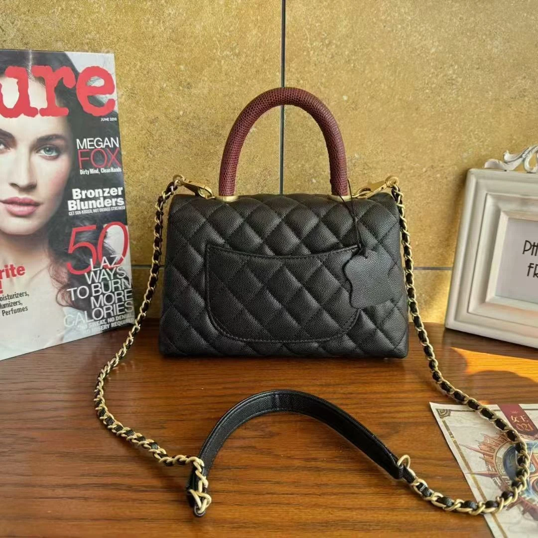 小香风鱼子酱牛皮手柄口盖包真皮手提女包高品质百搭单肩斜挎包