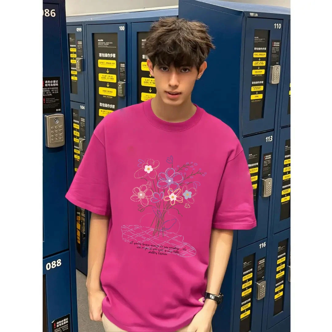 100%纯棉美式个性手绘花卉字母印花短袖T恤夏季男女休闲情侣上衣