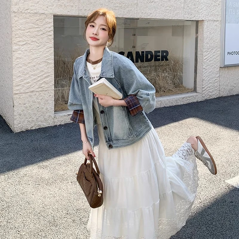 牛仔外套女2025春季新款韩版格子拼接袖短款长袖宽松小个子夹克潮