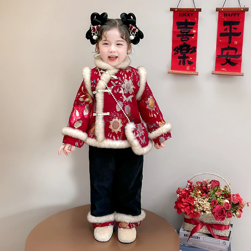 女孩洋气拜年服套装2024冬季新款国风喜庆盘扣刺绣加绒加厚两件套