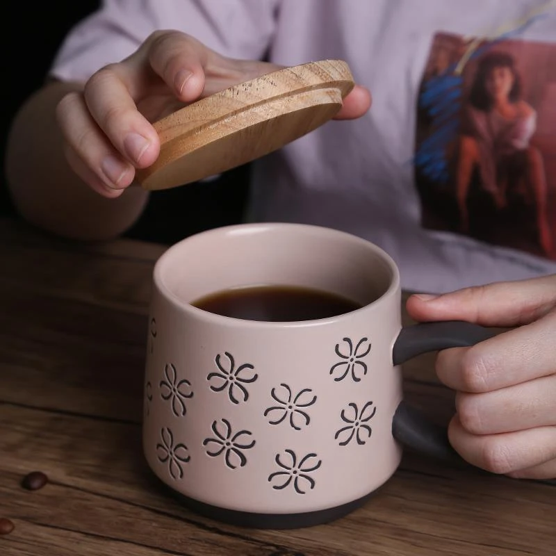 陶喜屋粗陶大肚马克杯带盖勺子大容量复古粉色咖啡陶瓷杯子水杯女