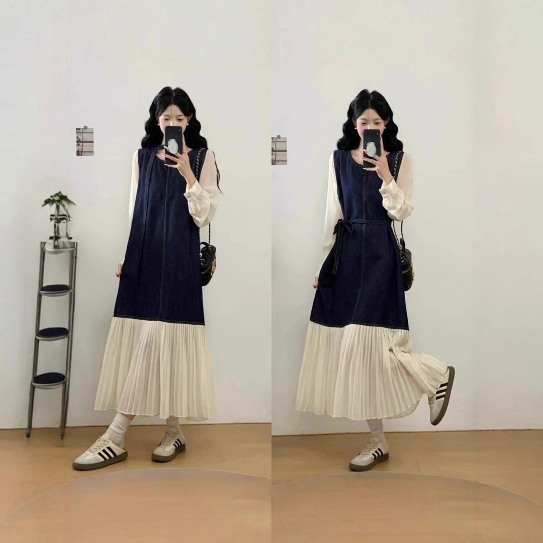 大码假两件拼接牛仔连衣裙秋季新款荷叶边雪纺宽松显瘦减龄中长裙