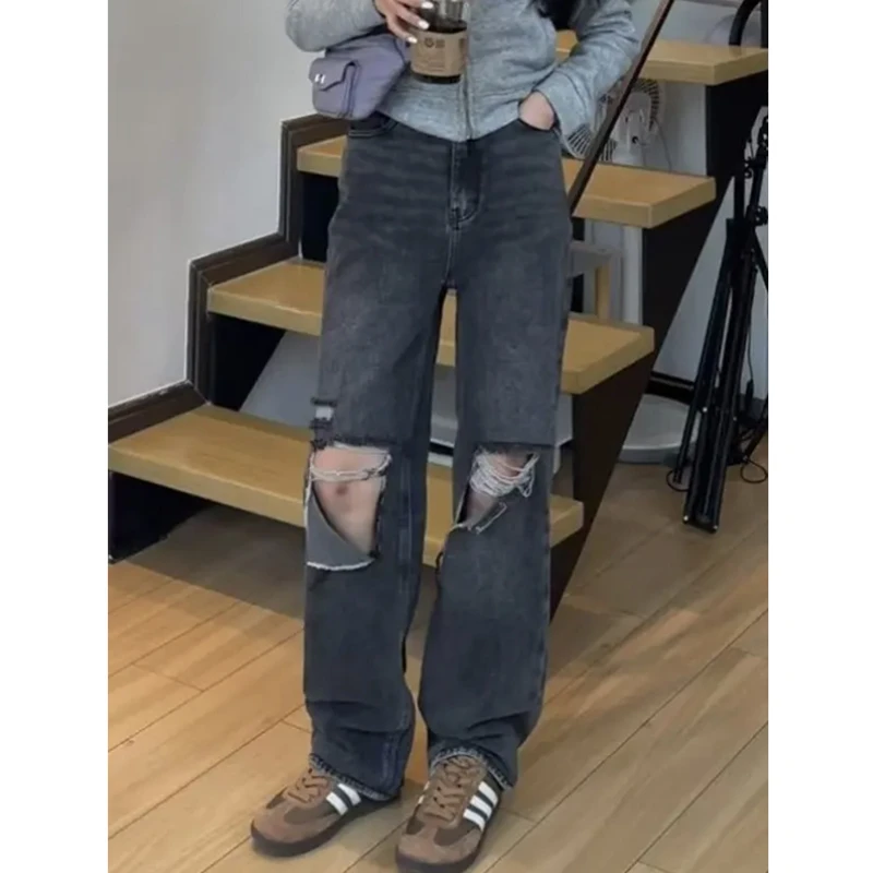 黑灰色破洞牛仔裤女2025春季新款设计感磨破阔腿裤显瘦宽松拖地裤