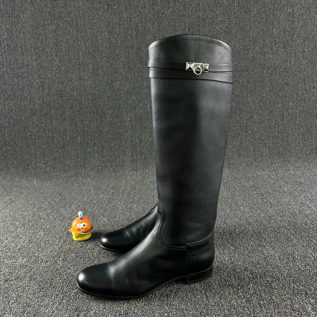 95新 Hermes/爱马仕 黑色骑士靴37码 HB4836