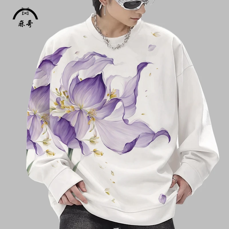 圆领卫衣外套男ins潮牌花图案秋季新款长袖T恤大码加肥休闲薄上衣