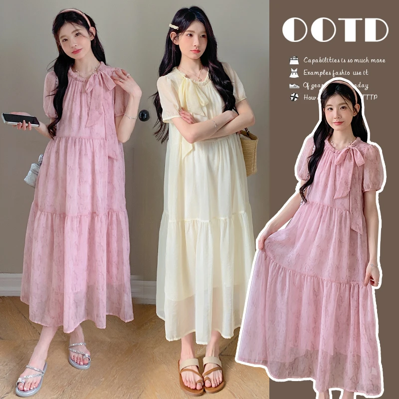 孕妇装夏季新款法式蝴蝶结绑带设计感甜美宽松显瘦孕妇短袖连衣裙