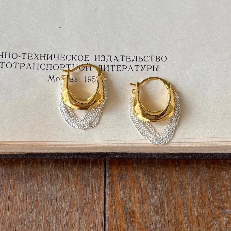 合金耳饰 新款金银撞色链条流苏耳环耳扣小众设计复古气质耳饰