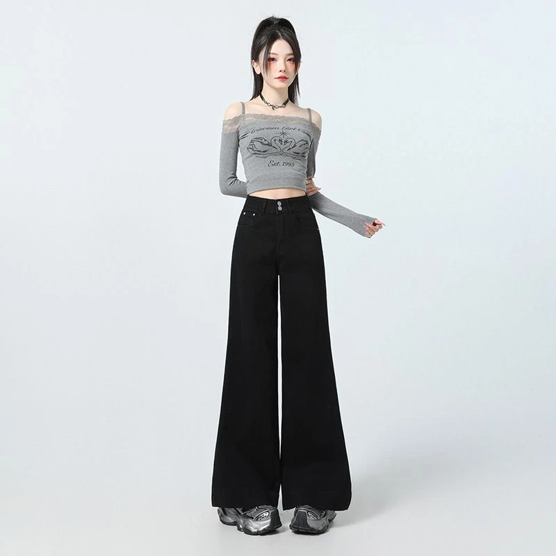 双扣高腰不贴腿喇叭裤女2025春季新款阔腿垂感宽松显瘦宽边微喇裤