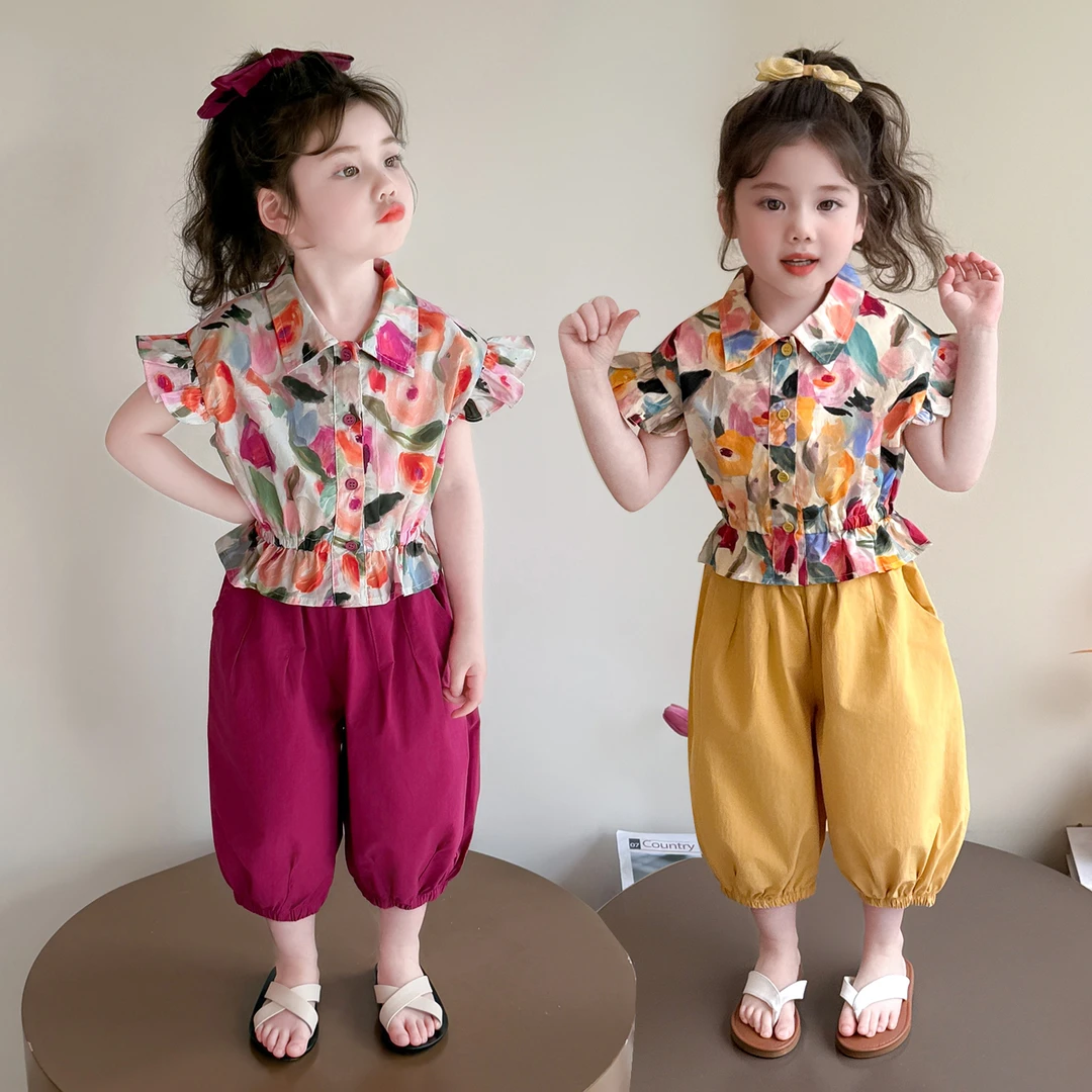 女童夏装套装2025新款宝宝碎花飞袖洋气花边夏季清凉防蚊裤两件套