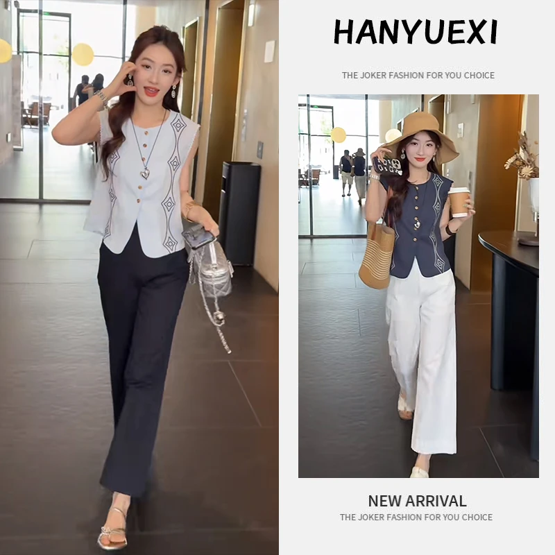 夏季时尚一整套女装2025新款复古刺绣短袖上衣百搭休闲裤两件套潮