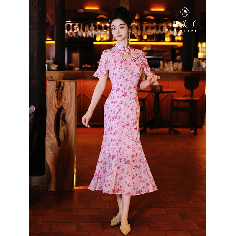 四美子【甜花酪】新中式浪漫蝴蝶花荷叶边气质收腰鱼尾旗袍裙连衣裙