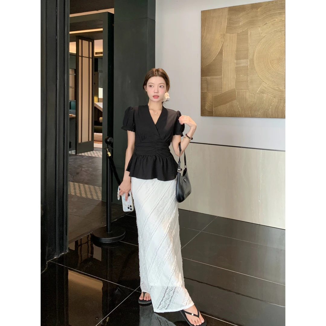 【时光旅人】高级感复古提花斜纹半裙+气质V领短袖上衣裙子