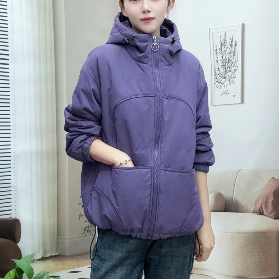 922#长袖常规女保暖连帽纯色简单棉服棉衣冬季休闲宽松冲锋衣女士