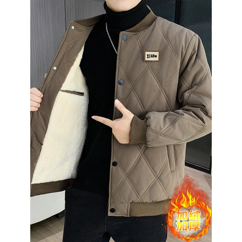 高档男士外套男棒球领保暖棉外衣冬季外衣羊毛衬里加厚格纹夹克男