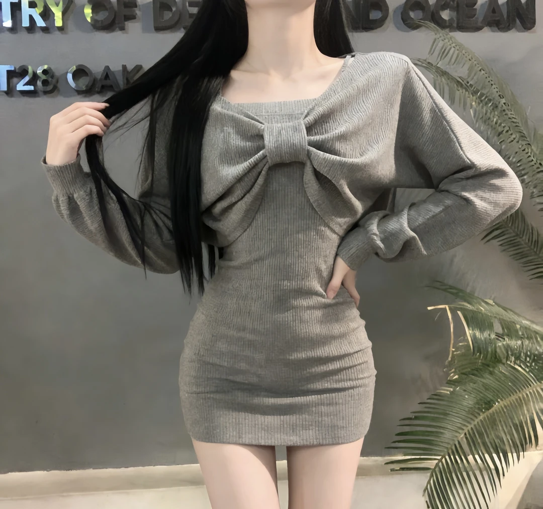 IQCQ纯欲辣妹露肩蝴蝶结长袖上衣针织吊带包臀连衣裙两件套女秋冬