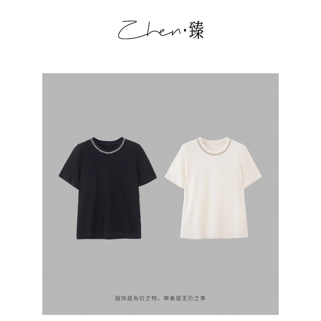 ZHEN.臻 高级感镶钻项链圆领短袖T恤法式优雅气质上衣女SY7926Z