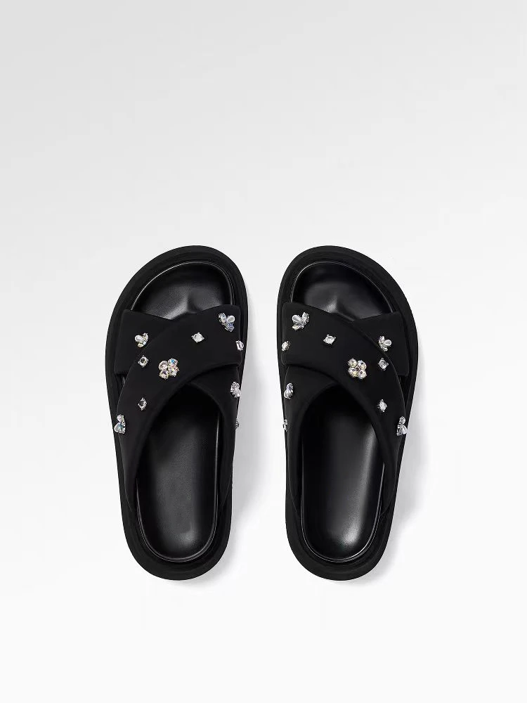 【广州美特猫】25年夏季新款法式厚底水钻凉拖外穿休闲沙滩凉拖