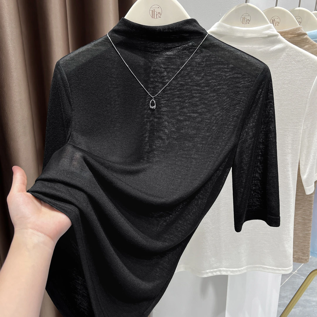黑色显瘦半高领针织上衣女春季新款时尚中袖轻薄T恤百搭透气小衫