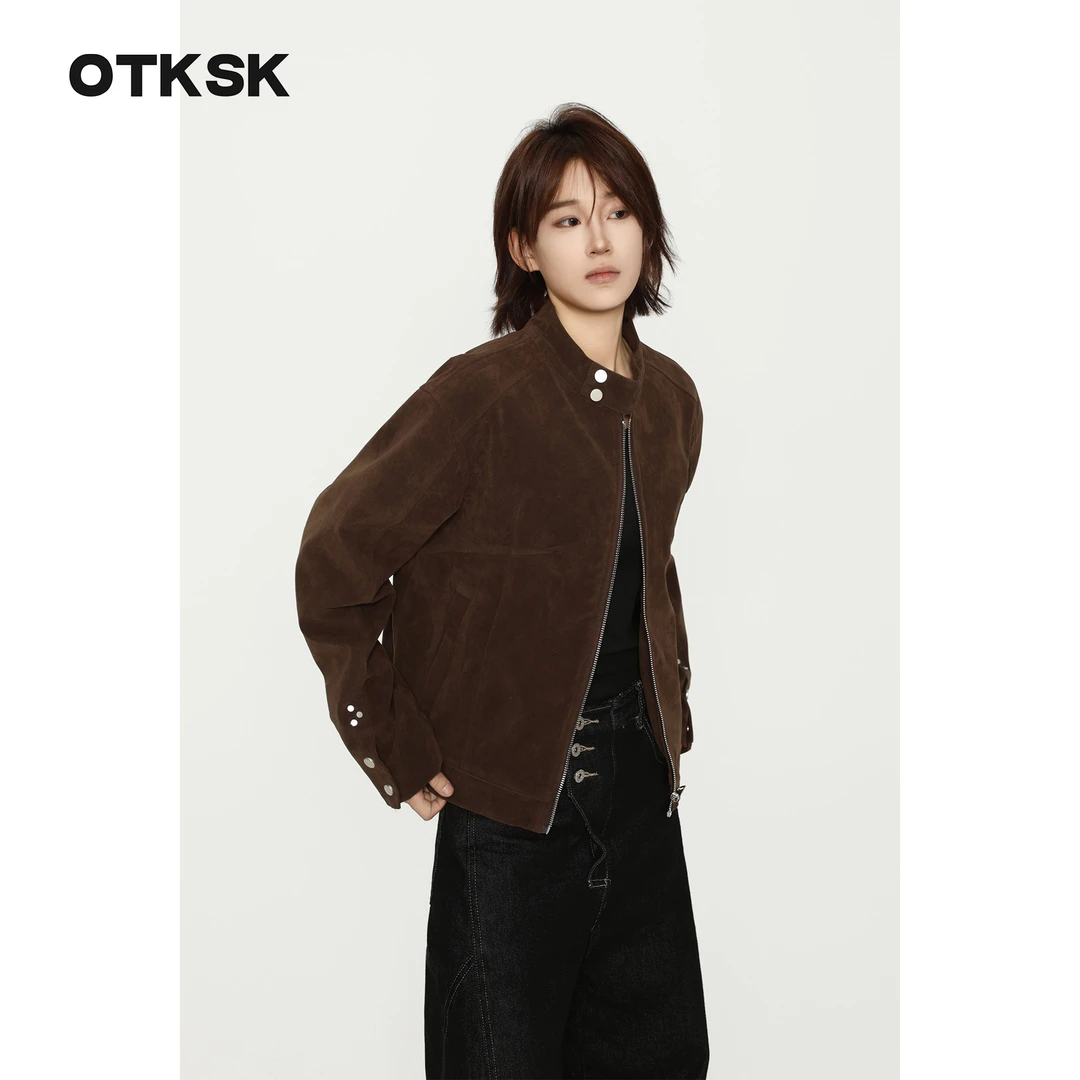 otksk秋冬复古绒皮哈灵顿夹克外套百搭抗皱休闲立领设计师外套