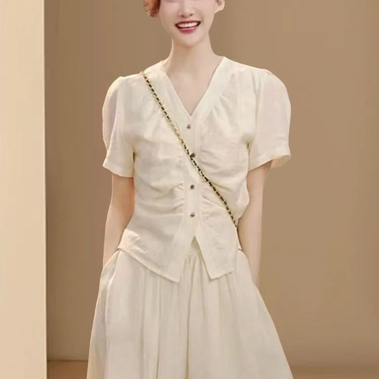 杏色洋气套装新款夏季上衣减龄显瘦半身裙气质连衣裙时髦两件套