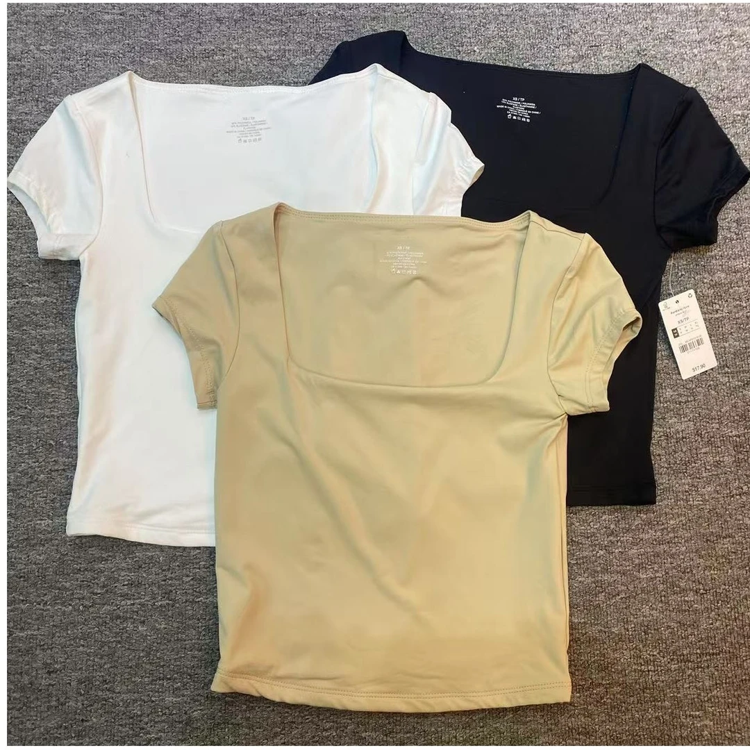 欧美女士U领大方领性感修身T恤短袖速干透气春夏外贸女气质