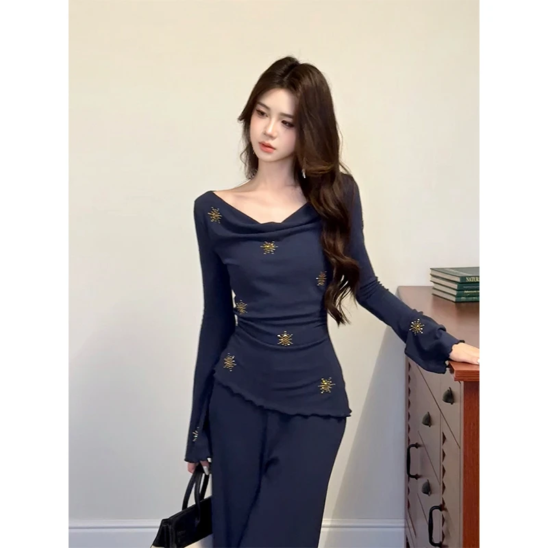 木子李的李【鎏光星河】早秋新款长袖荡领亲肤上衣高腰阔腿长裤套装