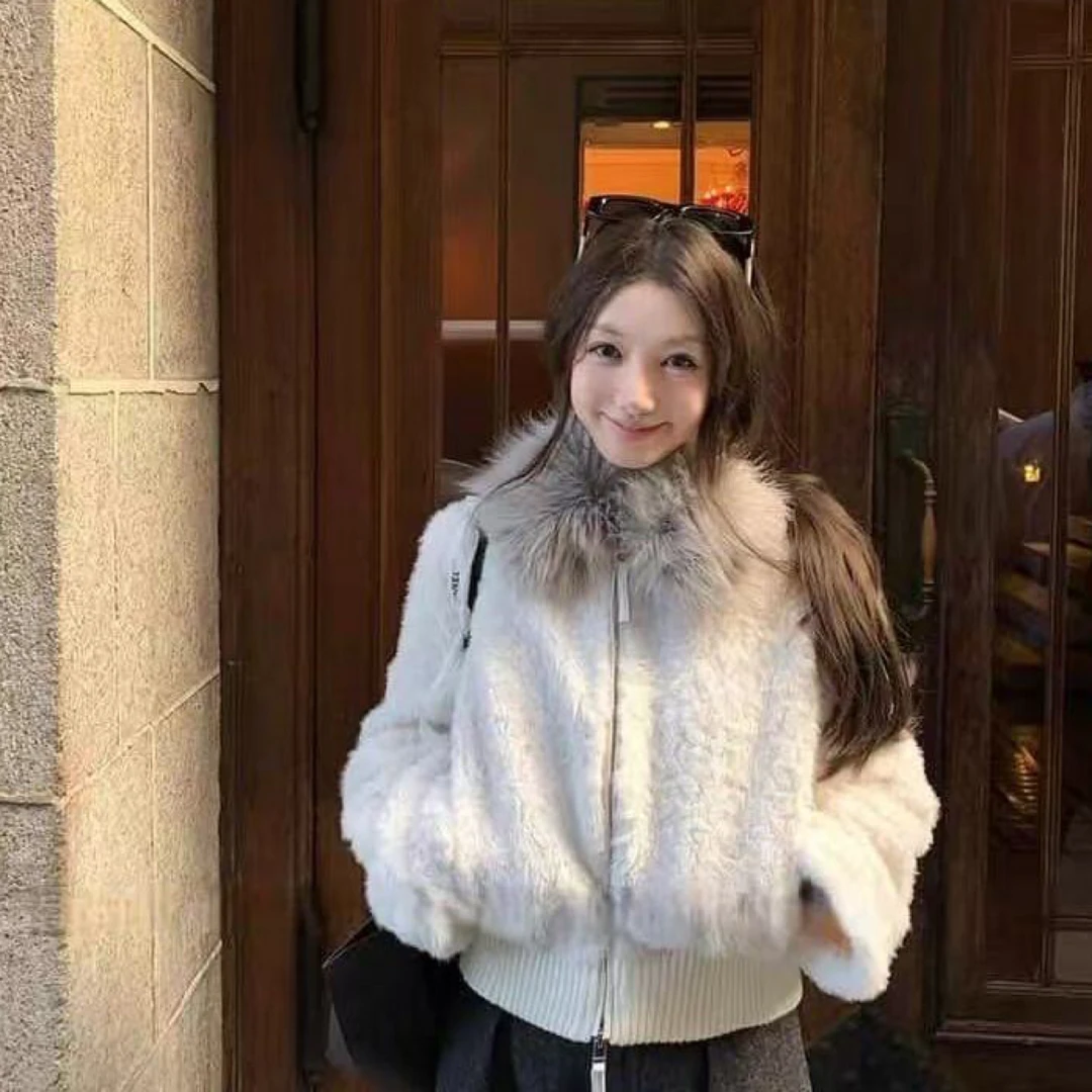 '暖冬咩咩'韩版秋冬大毛领短款环葆毛宽松休闲保暖外套女
