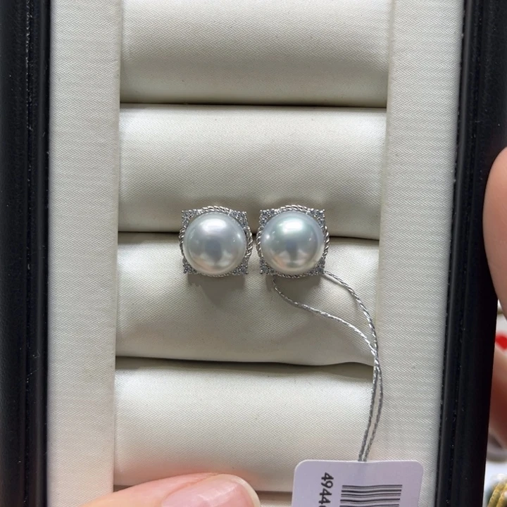 银S925镶嵌耳饰海水珍珠澳白9-10m 53号