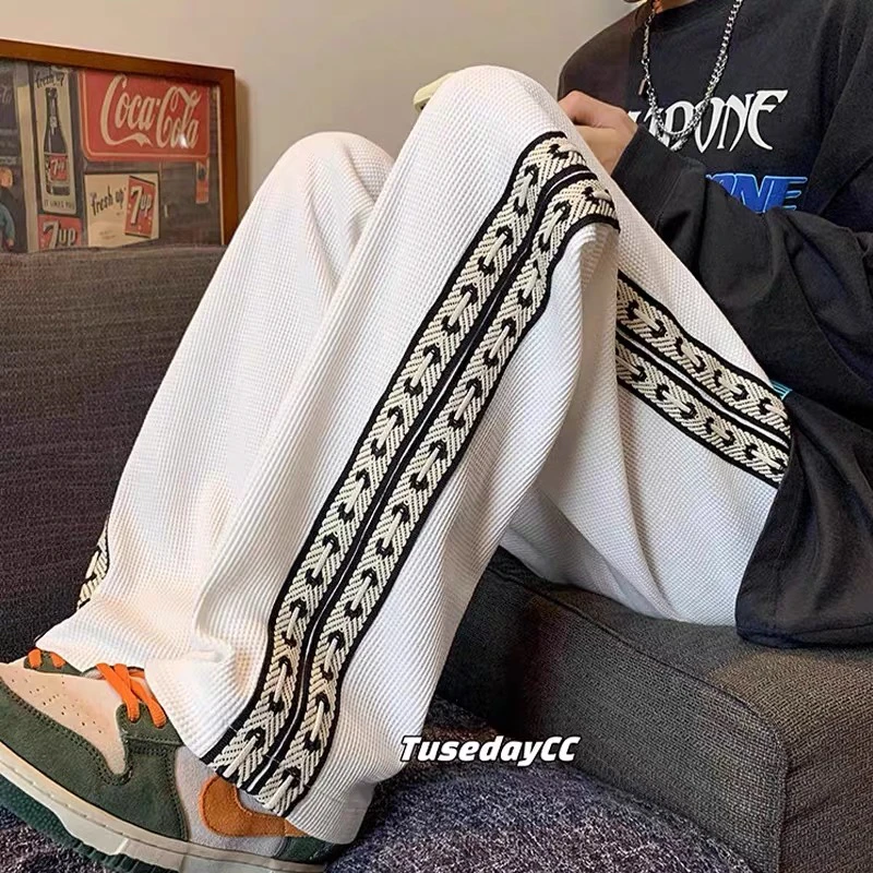 加绒加厚2025美式高街华夫格裤子潮牌重磅卫裤宽松直筒休闲长裤