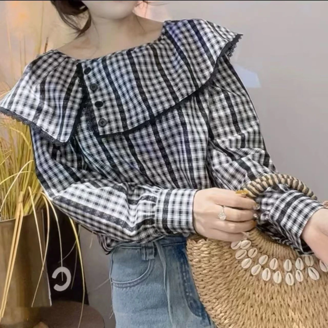 格子荷叶领春季时尚薄款长袖衬衫百褶气质荷叶边不褪色夏季