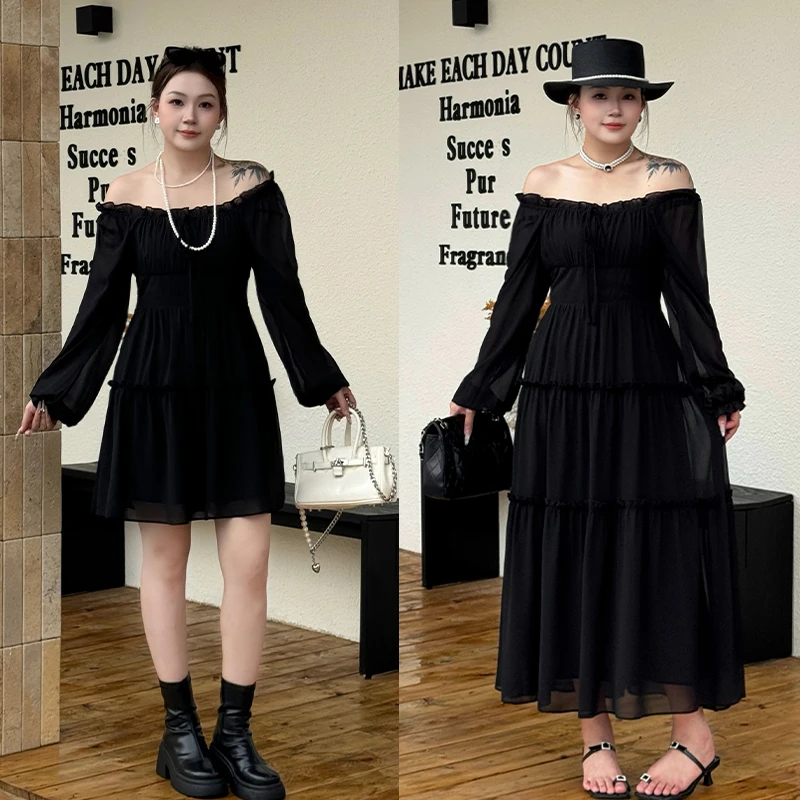 花菜微胖定制~【秋日漫游】气质时尚花边法式浪漫小黑裙LHC1993
