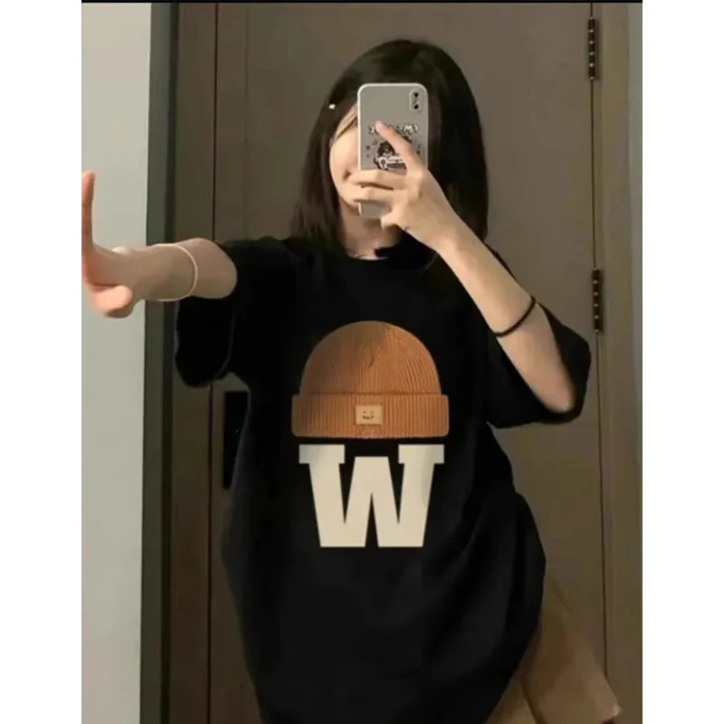 100%纯棉美式宽松百搭2025情侣圆领上衣女夏季小众懒惰风短袖T恤