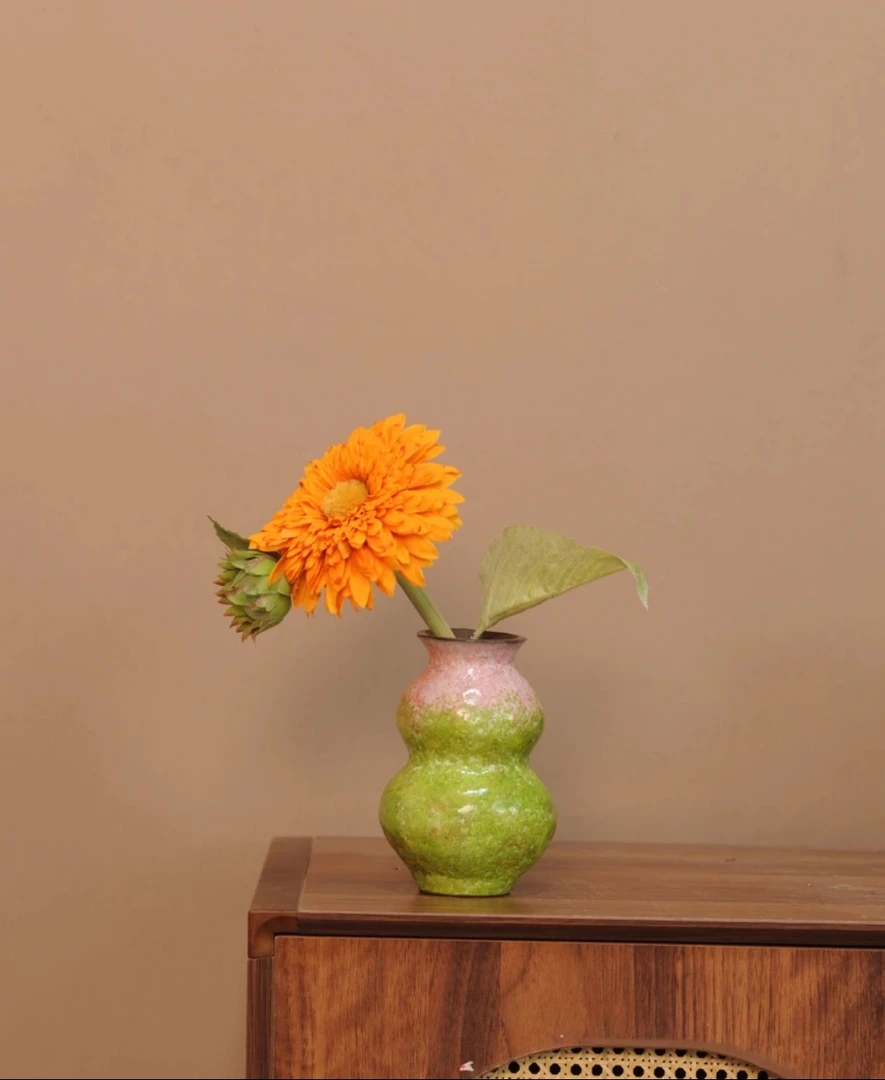 景德镇手工颜色釉粉绿葫芦艺术感花瓶（高度17cm 口径7cm）