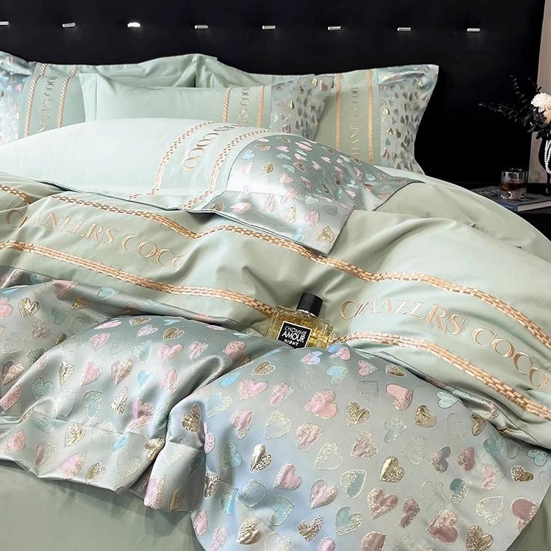 轻奢160支纯棉长绒棉四件套高级感爱心刺绣被套全棉床单床上用品