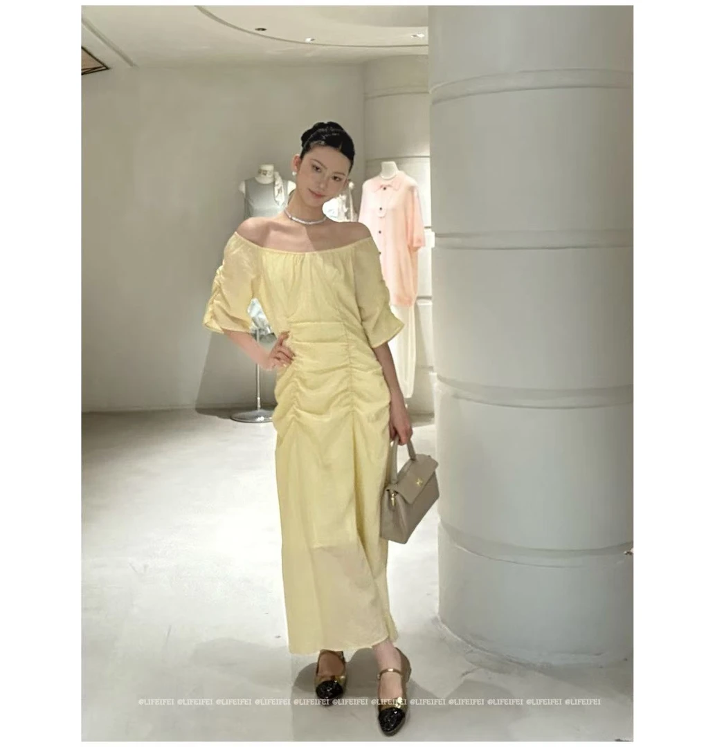 Mao店-皱褶一字肩两穿连衣裙M8812