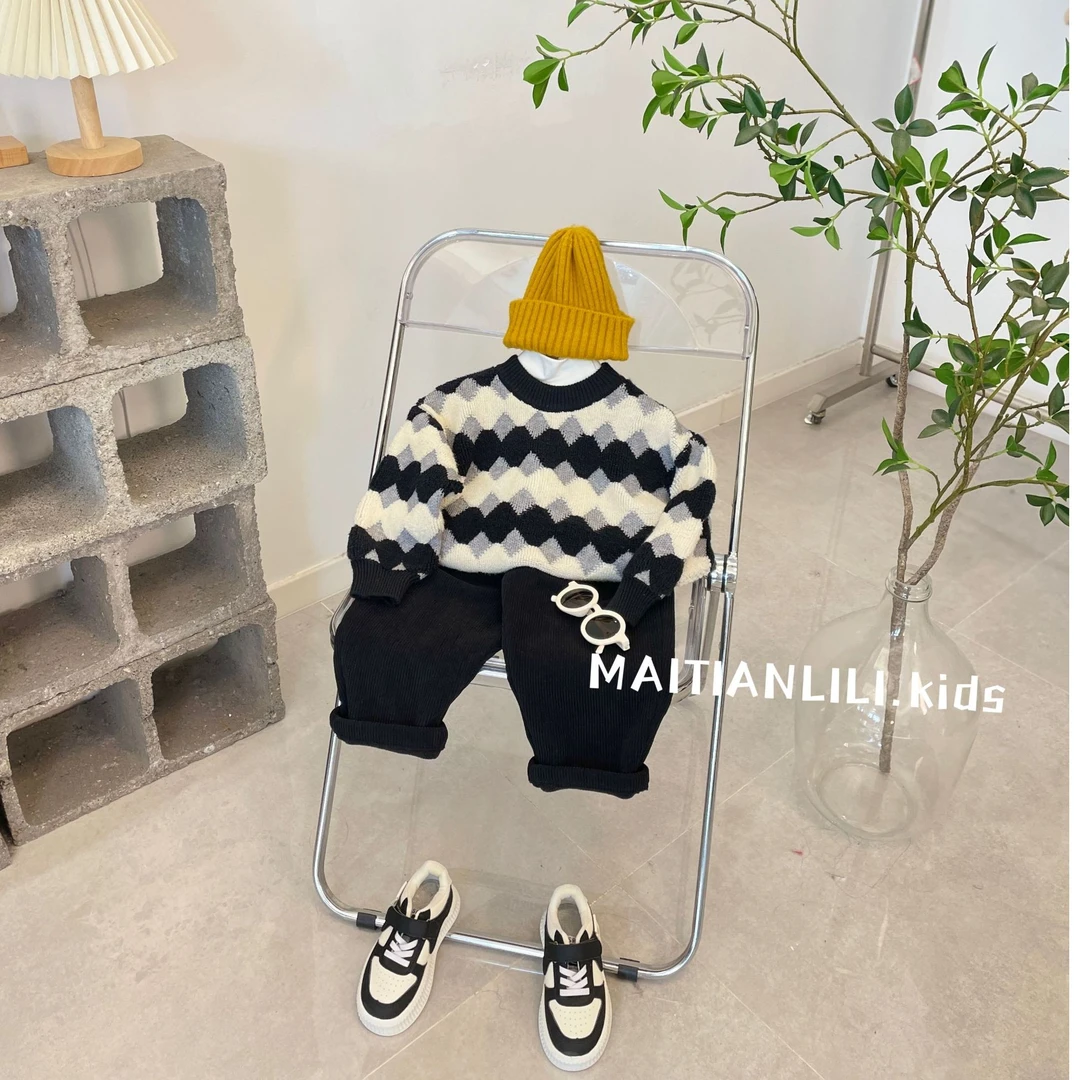 2024秋冬新款童装儿童日韩复古百搭菱格毛衣男童撞色针织衫