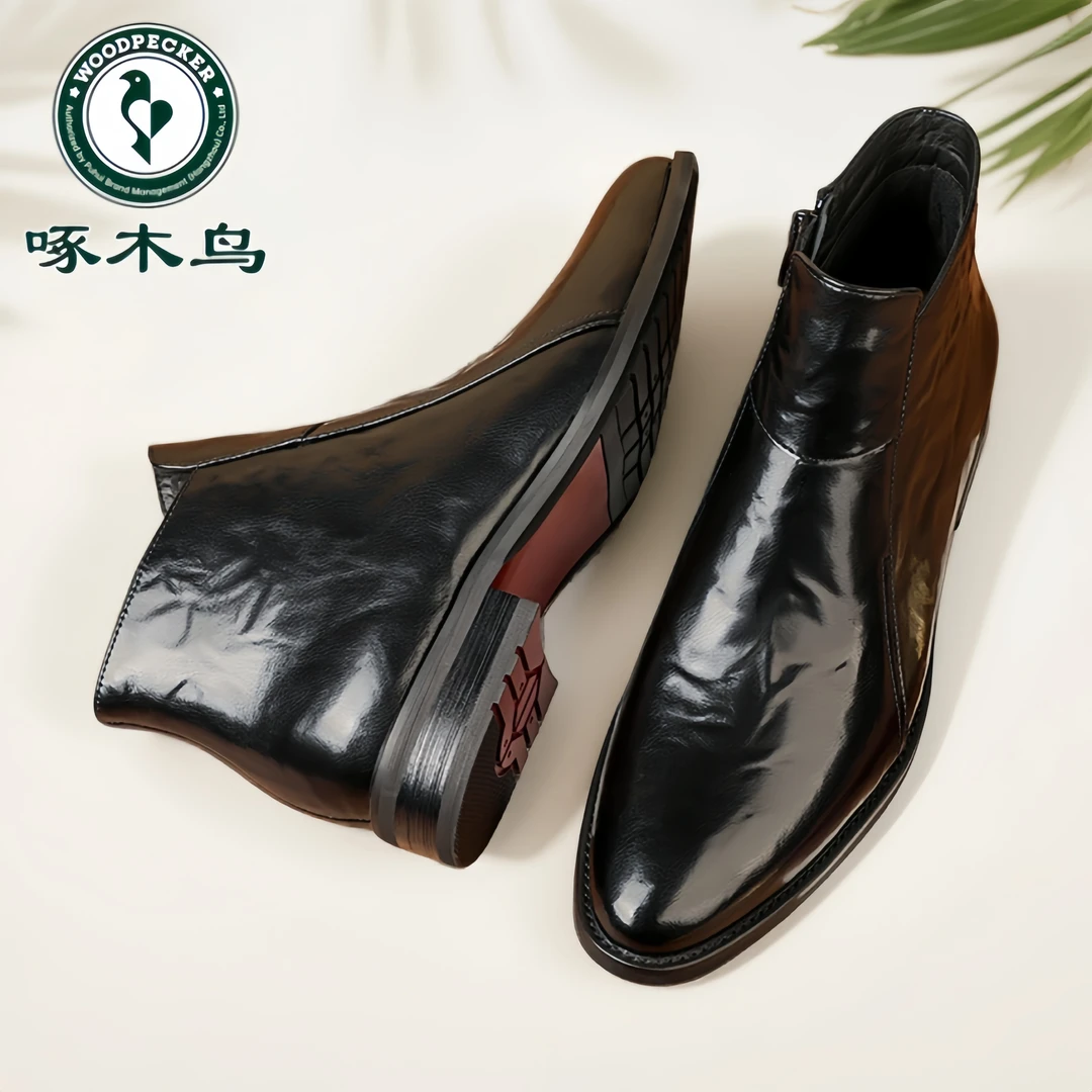 啄木鸟尖头高帮切尔西靴男款潮流中帮短靴秋冬季加绒保暖英伦男靴