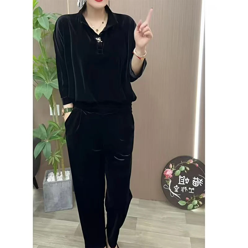早秋新款金丝绒时尚显瘦阔腿裤套装长袖洋气休闲气质百搭减龄两件