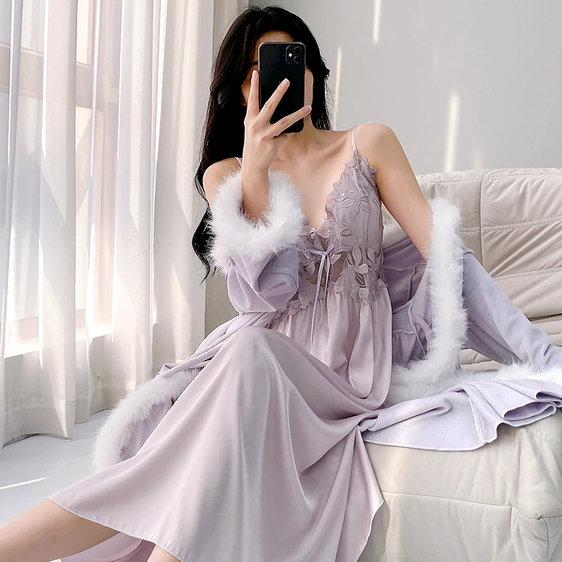 维密楚法式厚款高级镂空女士睡裙性感奢华两件睡衣睡袍海岛绒秋冬