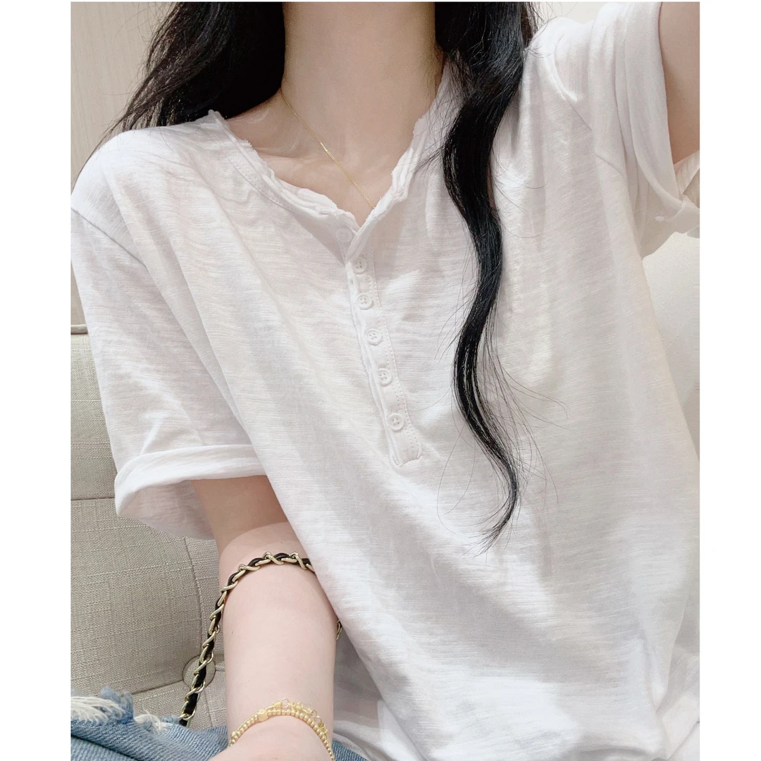白色竹节棉宽松卷边T恤女夏季短袖正肩设计感慵懒风休闲薄款上衣